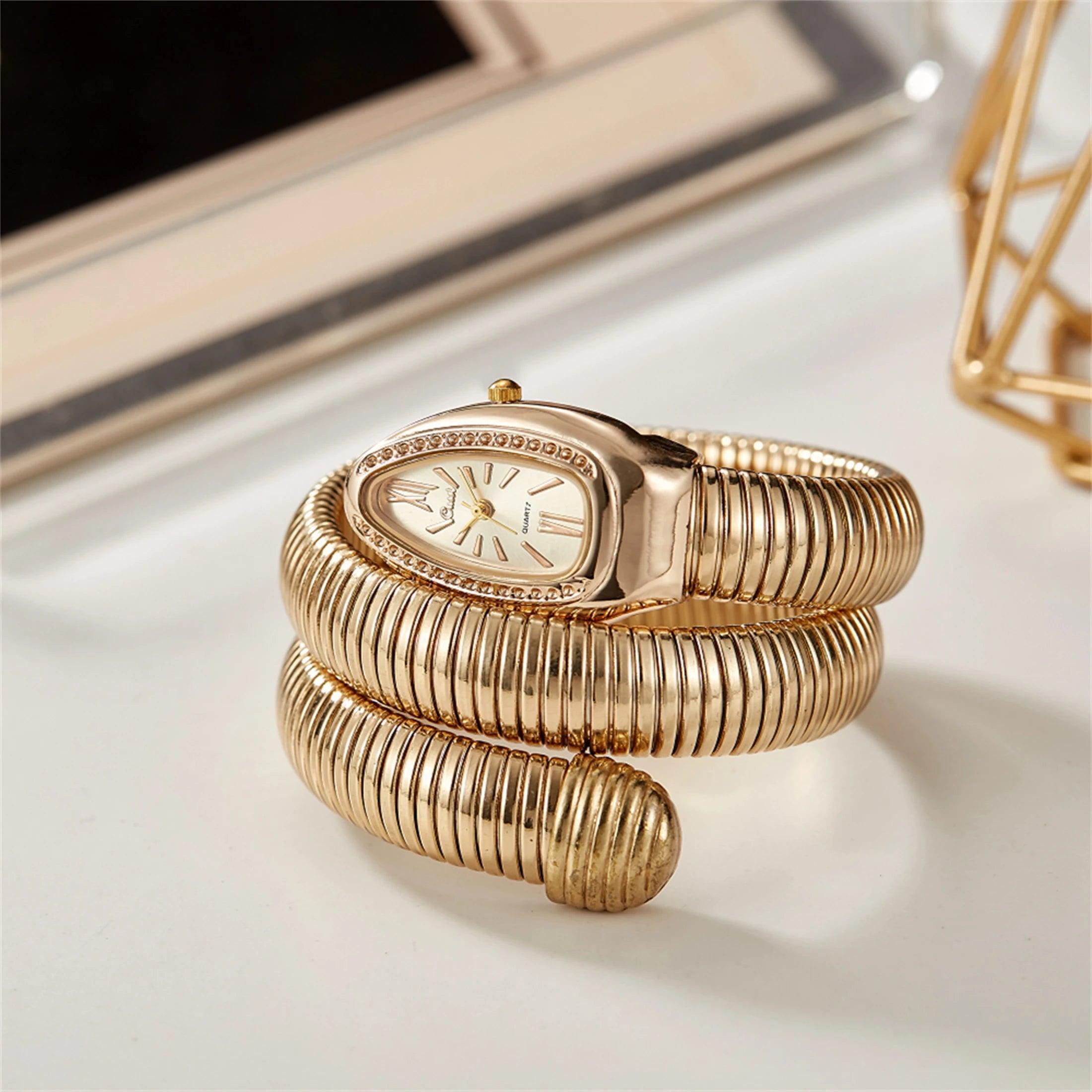 Fashion Avantgarde Luxury Gold Quartz Snake Watches for Women with Zircon Diamonds - Winding Bangle Ladies Watches