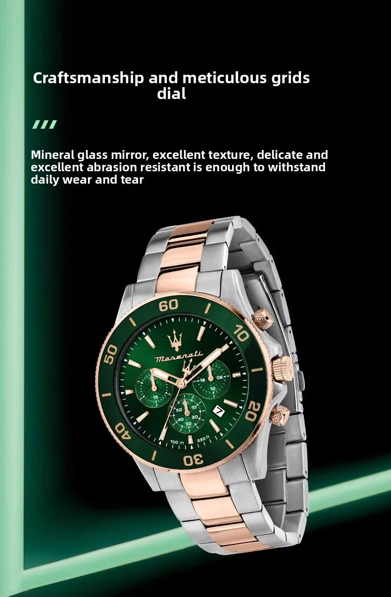 Maserati Original Green Water Ghost Trend Sports Watch Europe and America Style Authentic Quartz Wristwatch
