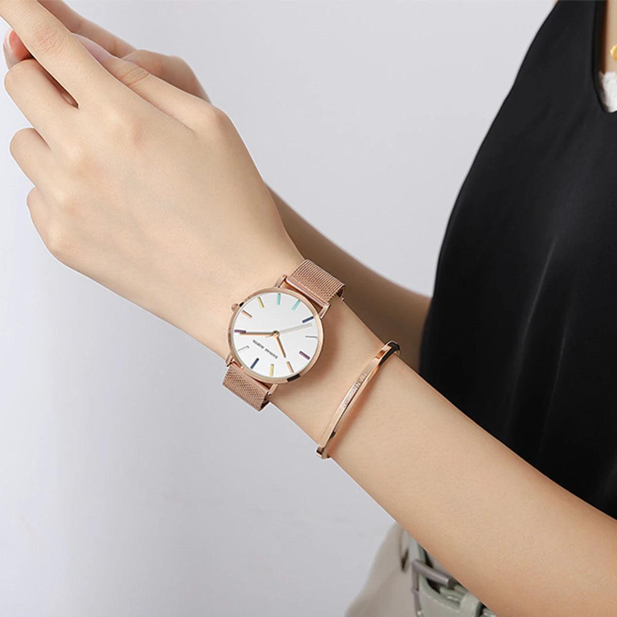 Top Brand Elegant Bohemian Style Women Watches  Simple Stainless Steel Mesh Strap Quartz Fashion Bracelet Watches