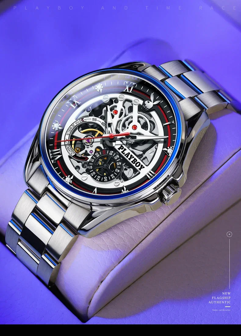 PLAYBOY Brand Skeleton Multifunction Automatic Mechanical Original Stainless Steel Fashion Luxury Watches for Men