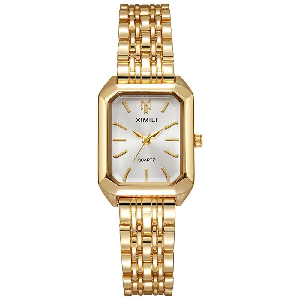 New Luxury Ladies Fashion Quartz Simple Scale Square Quality Gold PlatedStainless Steel Women Watches