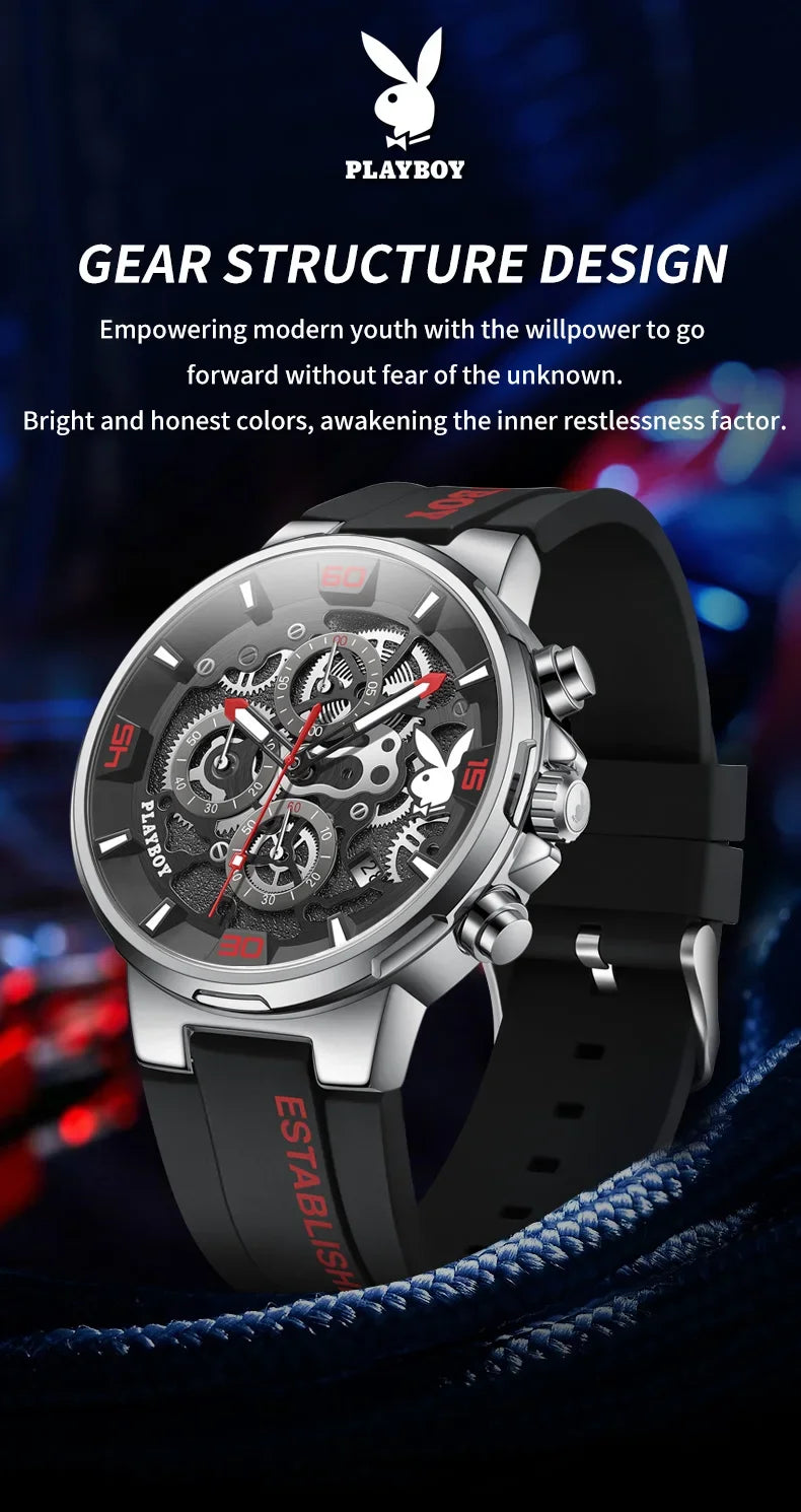 PLAYBOY Casual Quartz Luxury Sports Luminous Waterproof Fashion High-end Silicone Strap Men's Wristwatch