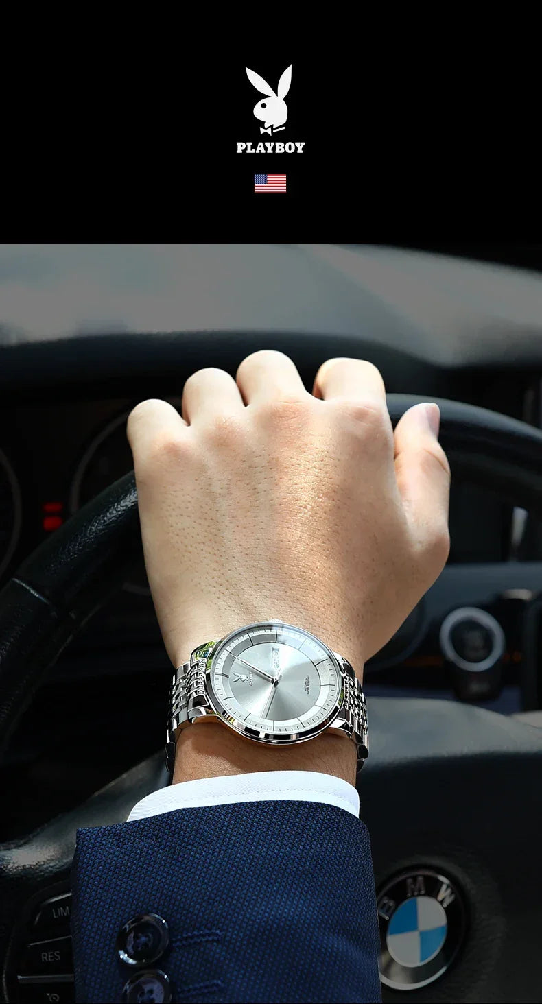 PLAYBOY Casual Simple Automatic Mechanical Men's Watches Original Waterproof Calendar High Quality Watch for Men