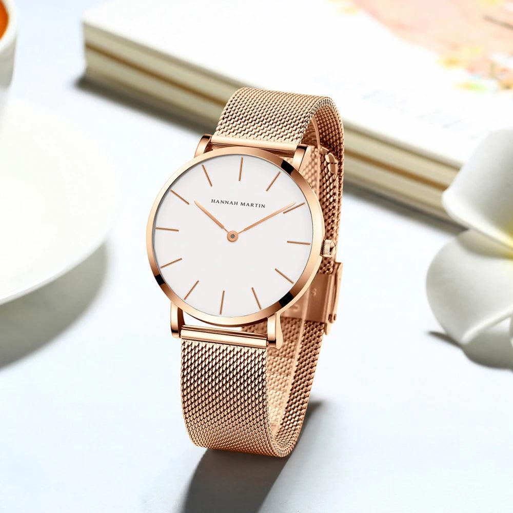 New Simple Elegant Rose Gold Tone Stainless Steel Women Bracelet Watch - Quartz Movement Steel Mesh Watches