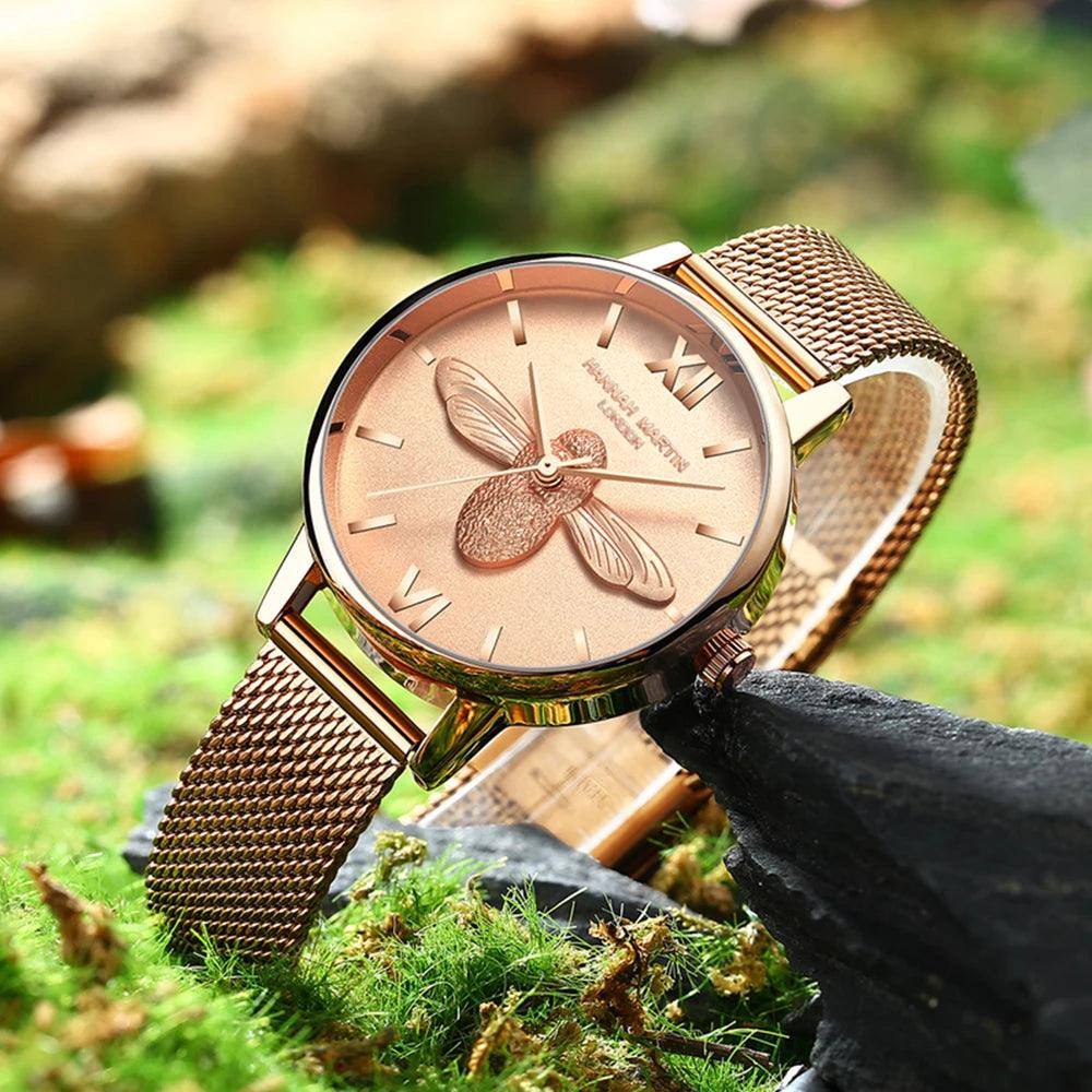 Elegant Luxury 3D Engraved Bee Dial Ladies Watch Rose Gold Plated 31mm Classic Casual Dress Watch with Bracelet Set