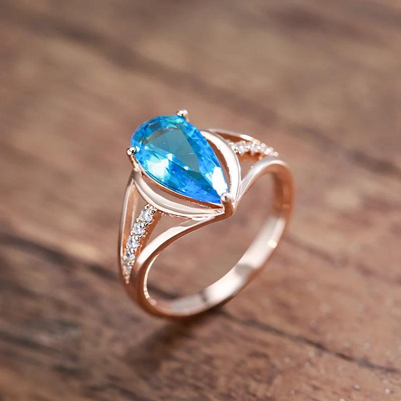 Luxury Fashion Water Drop 14K Rolled Rose Gold Blue AAA Zircon Crystals Big Ring for Women - Daily Jewellery