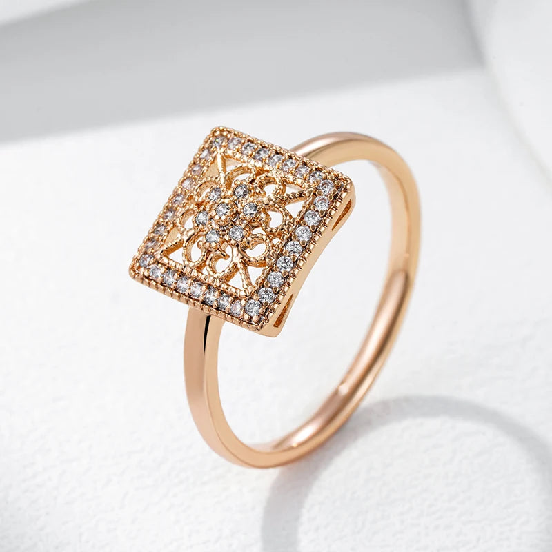 Unique Square Hollow Flower Rolled 14K Rose Gold AAA Zircon Diamonds Ring - Fashion Daily Fine Jewellery