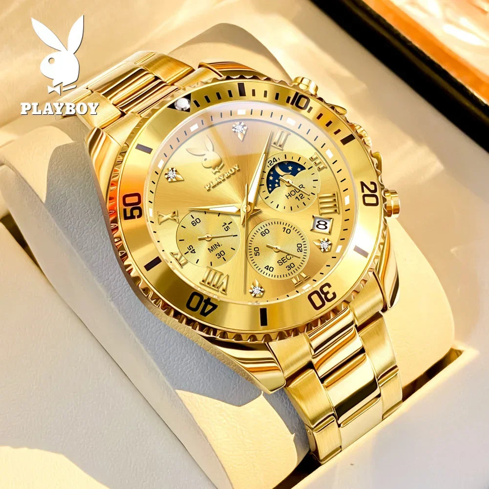 PLAYBOY Popular Original Stainless Steel Waterproof Quartz Multifunction Casual Fashion Trend Mens Watches