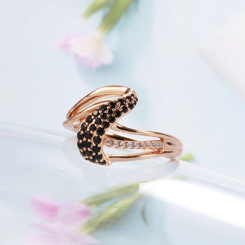 Vintage Style Unusual Geometric Filled 14K Rose Gold With Black AAA+ Zircon Fashion Elegant  Rings - Fine Jewellery