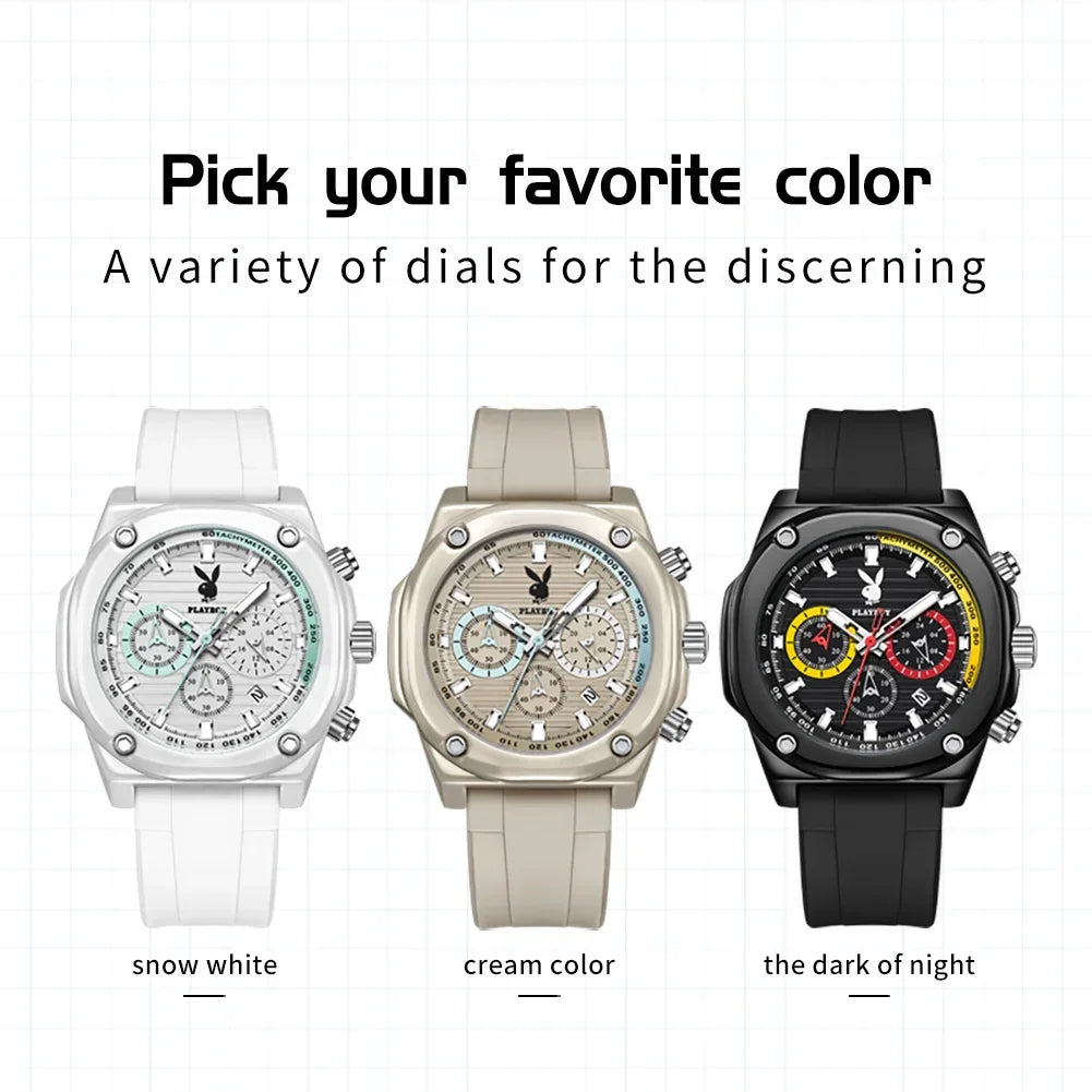 PLAYBOY Top Brand Original Luxury Waterproof Silicone Strap Calendar Luminous Fashion Quartz Men's Wrist Watches