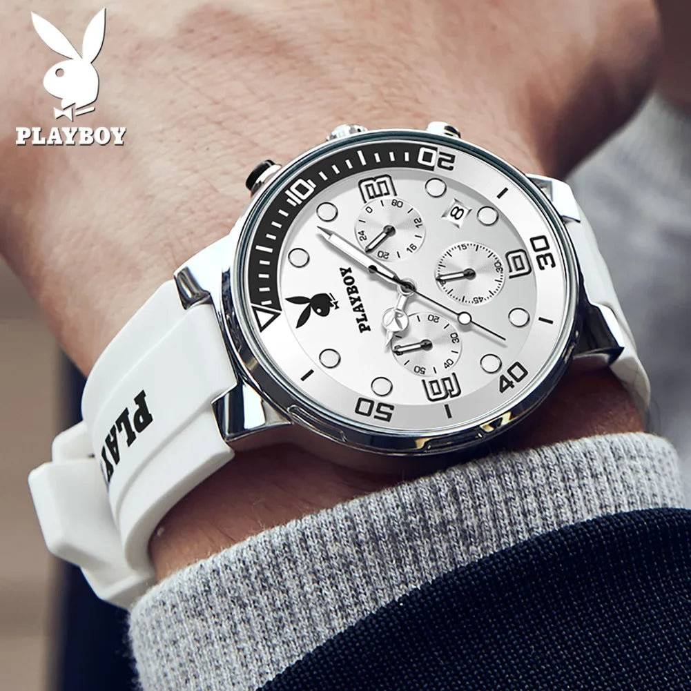 PLAYBOY Top Brand  New Original Fashion High Quality Silicone Strap Multifunction Quartz Watch for Men