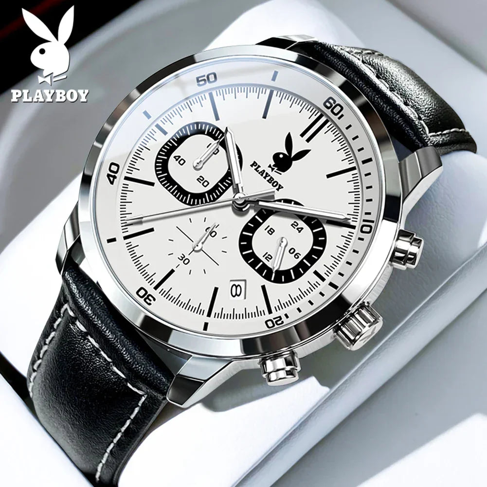 PLAYBOY Top Brand Fashion Watch for Men Leather Strap  High Quality Casual Waterproof Luxury Quartz Men's Watches