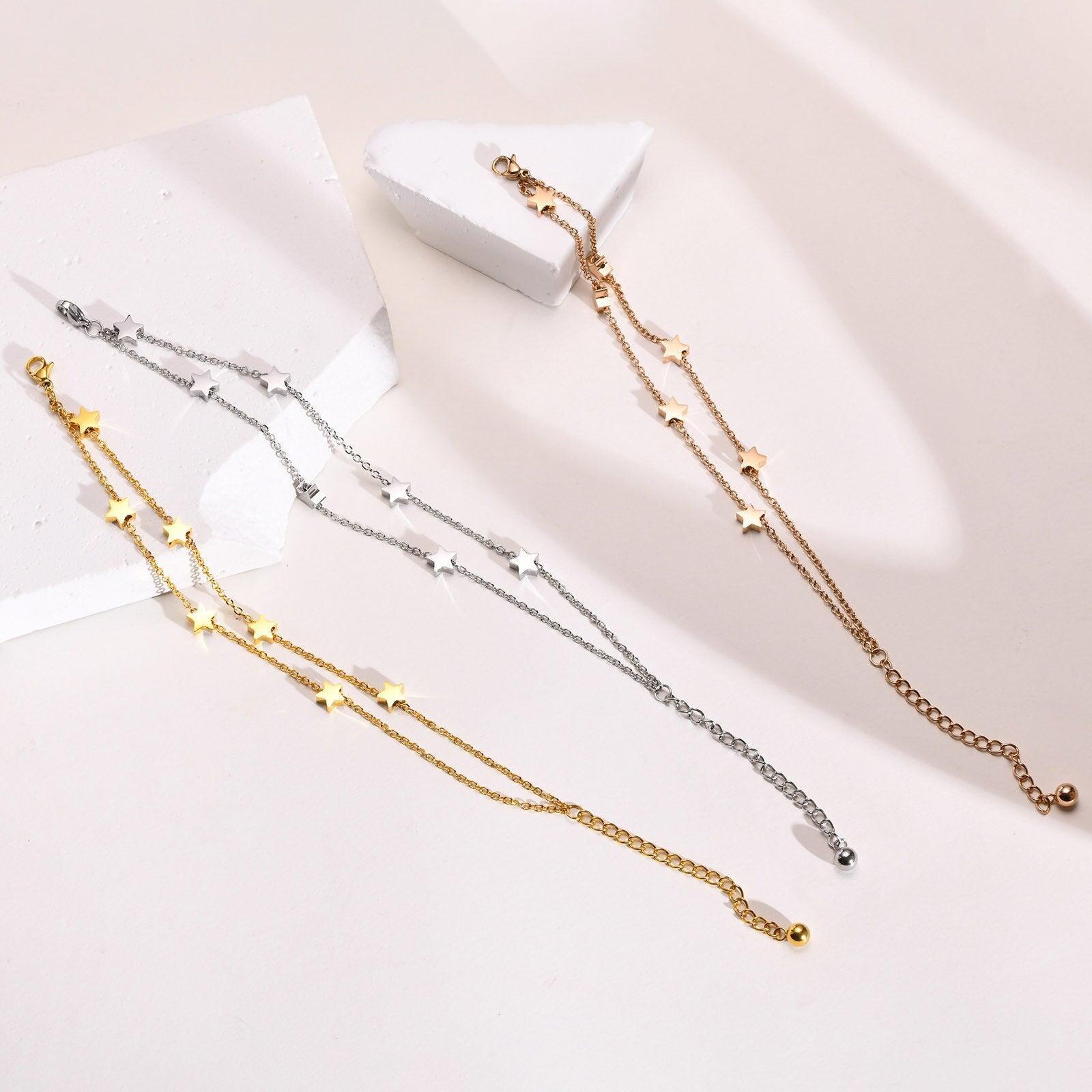 Elegant  Gold Colour Stainless Steel Chain Bracelets for Women, Dainty Stars Charm Link Adjustable Jewellery - The Jewellery Supermarket