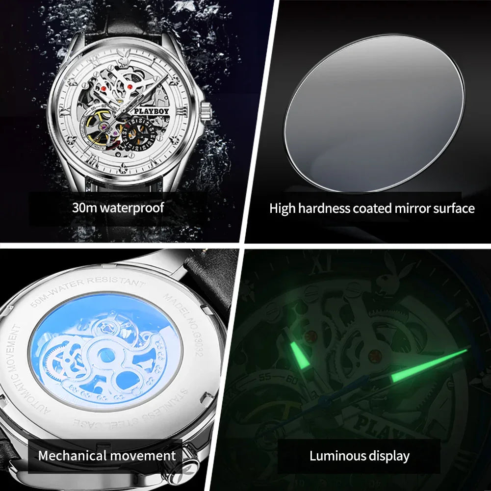 PLAYBOY Brand Skeleton Multifunction Automatic Mechanical Original Stainless Steel Fashion Luxury Watches for Men