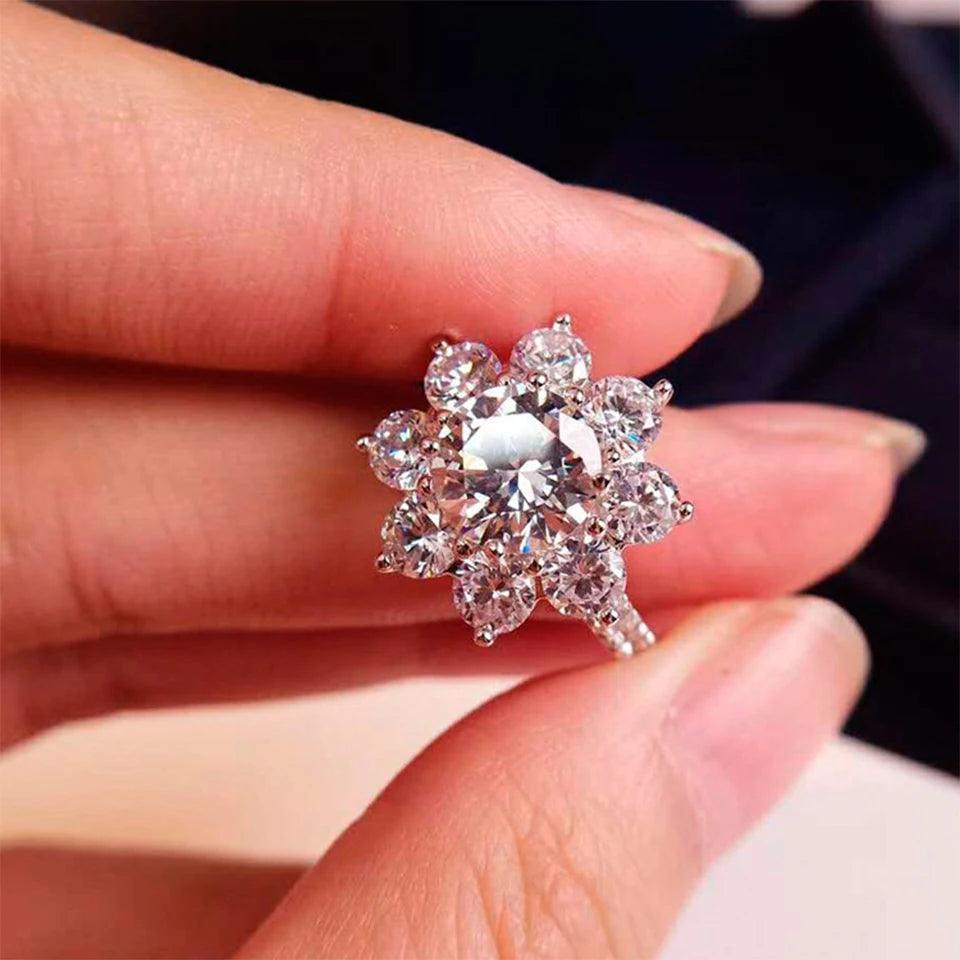 18K White Gold Plated 925 Sterling Silver 2 Carat Sunflower Moissanite Diamonds Engagement Weddings Rings For Women