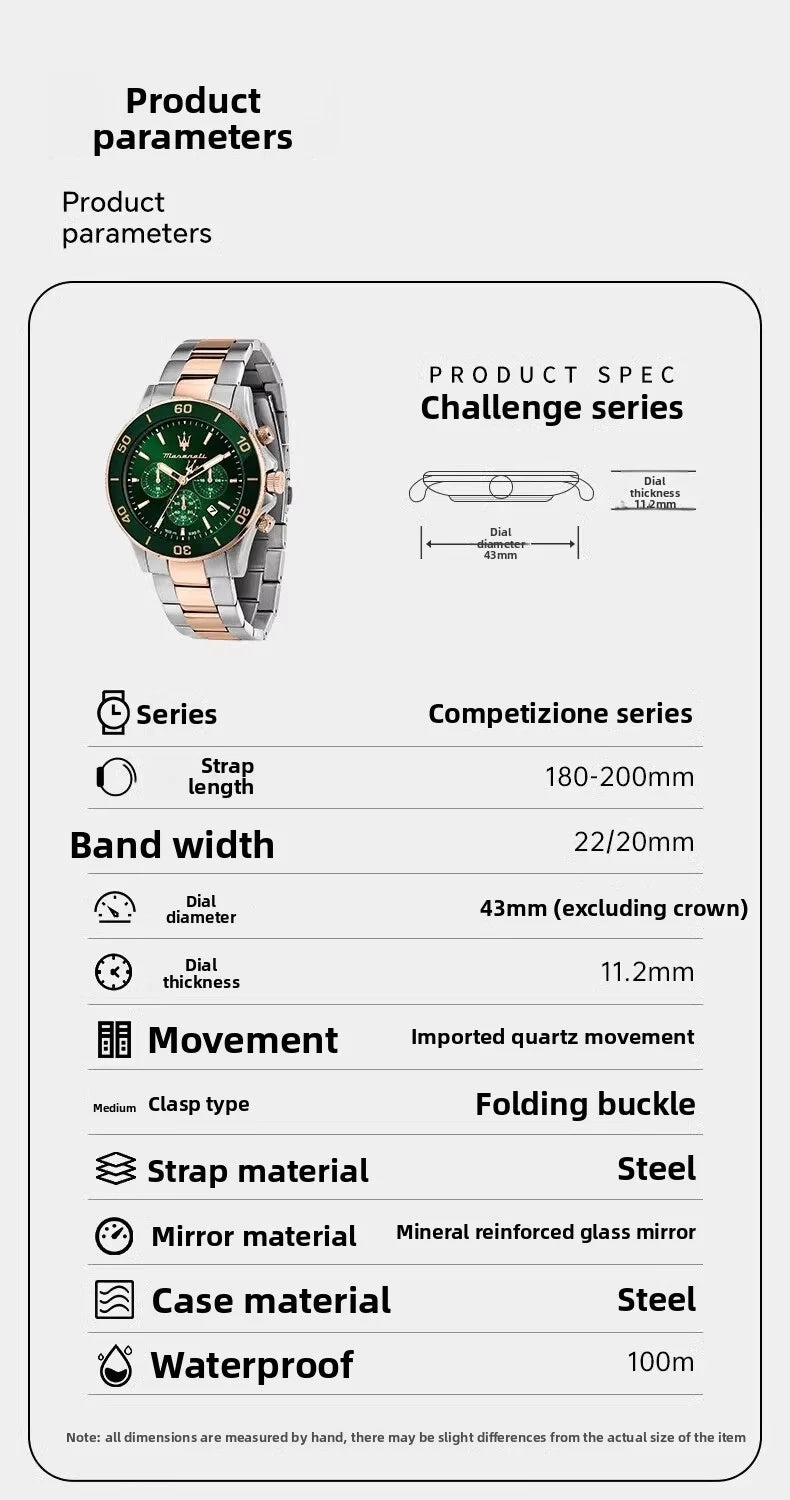 Maserati Original Green Water Ghost Trend Sports Watch Europe and America Style Authentic Quartz Wristwatch