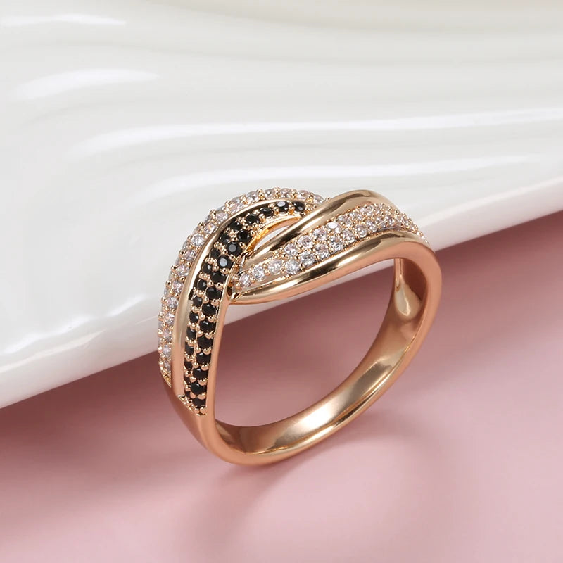 High Quality 14K Filled Rose Gold Double White Black AAA Zircon Diamonds Crossed Design Rings - Fine Jewellery