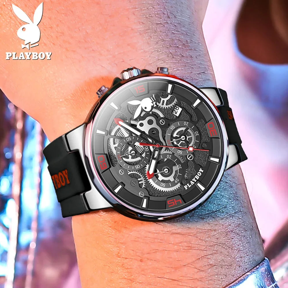 PLAYBOY Casual Quartz Luxury Sports Luminous Waterproof Fashion High-end Silicone Strap Men's Wristwatch