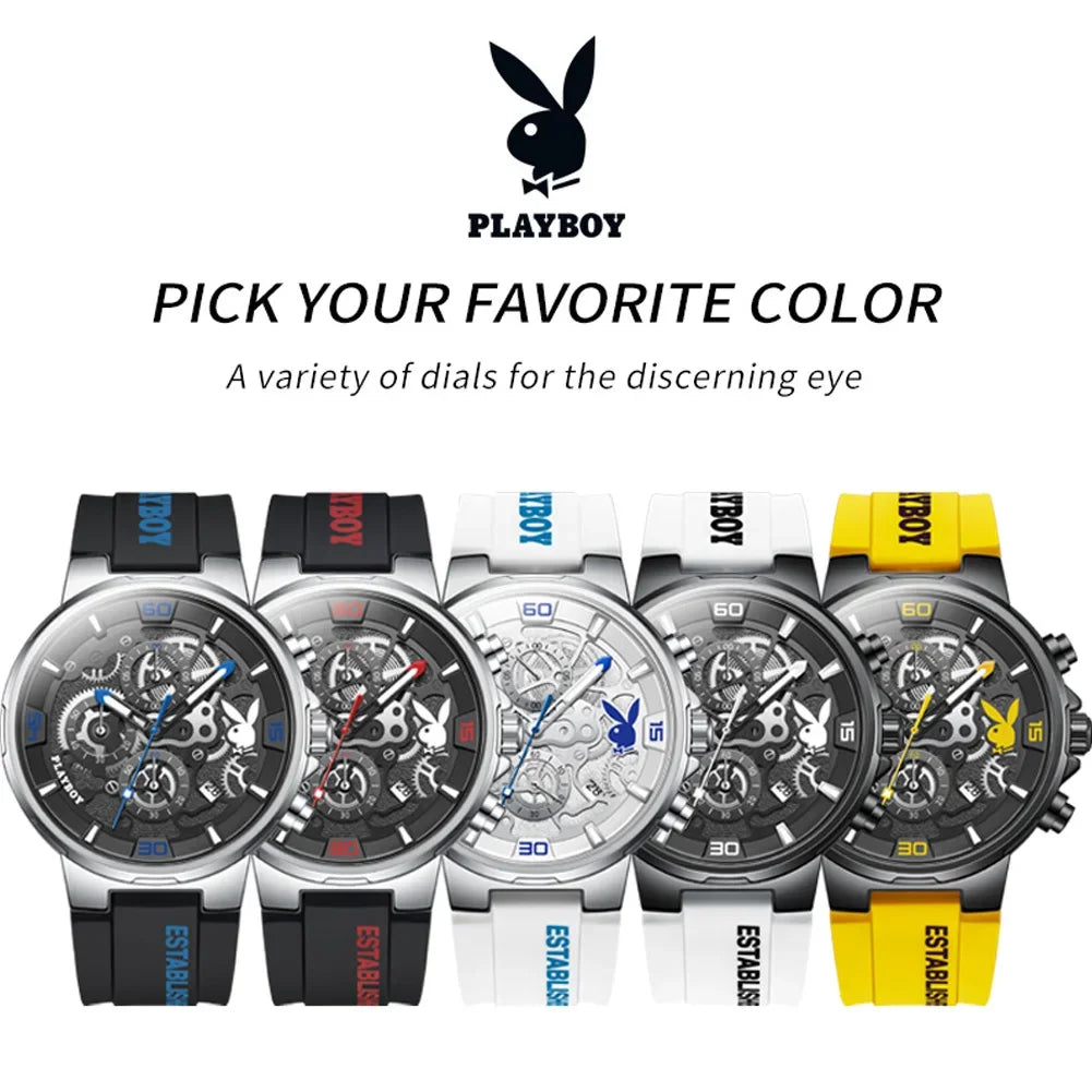 PLAYBOY Casual Quartz Luxury Sports Luminous Waterproof Fashion High-end Silicone Strap Men's Wristwatch