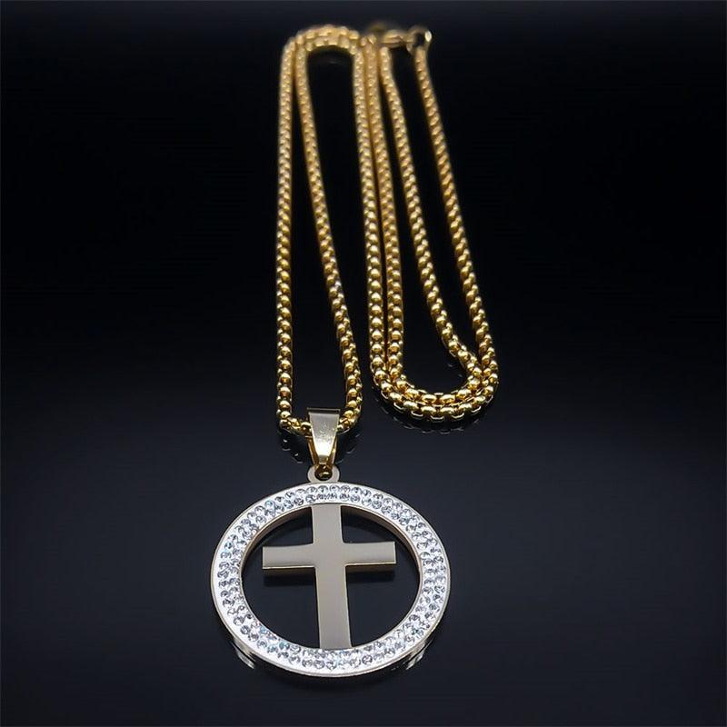 Cross AAA CZ Crystals Stainless Steel Round Pendant Necklace - Gold Colour Christian Chain Necklaces Jewellery - The Jewellery Supermarket