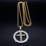 Cross AAA CZ Crystals Stainless Steel Round Pendant Necklace - Gold Colour Christian Chain Necklaces Jewellery - The Jewellery Supermarket