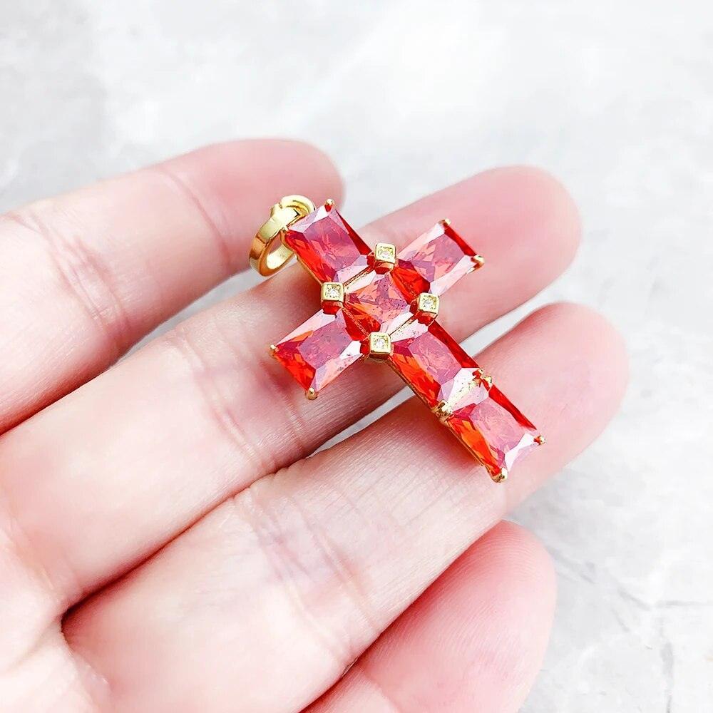 Brand New Golden Cross With AAA CZ Orange Crtsyals Pendant 925 Sterling Silver Fine Jewellery For Women - The Jewellery Supermarket