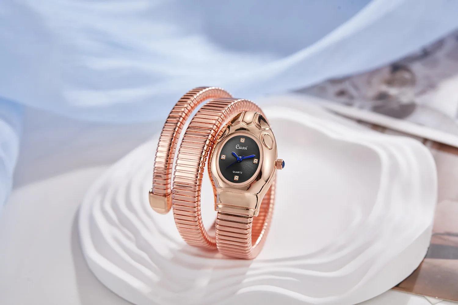 New Luxury Gold Silver Colour Snake Shaped Quartz Watches For Women - Elegant Fashionable Bracelet Wristwatches