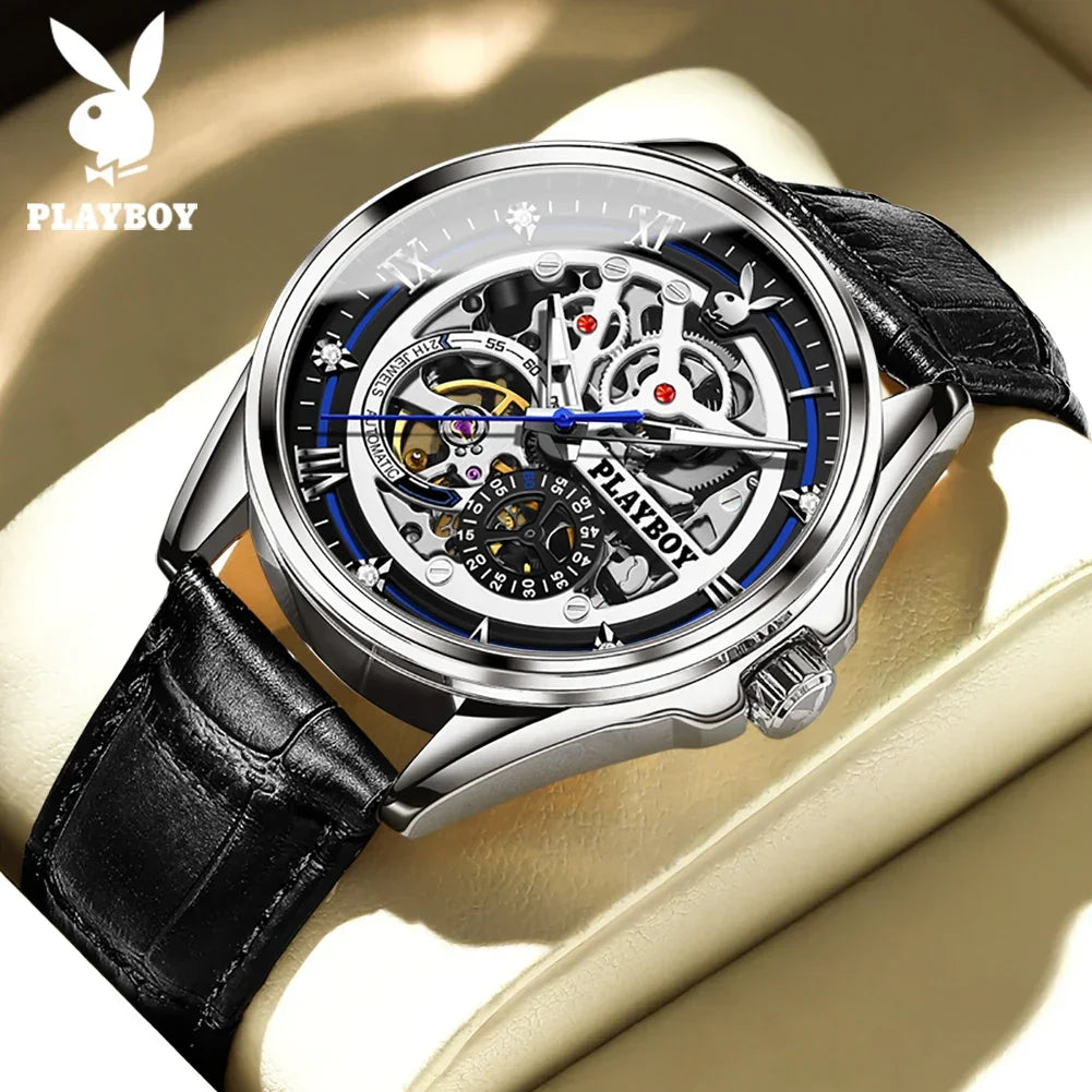 PLAYBOY Brand Skeleton Multifunction Automatic Mechanical Original Stainless Steel Fashion Luxury Watches for Men