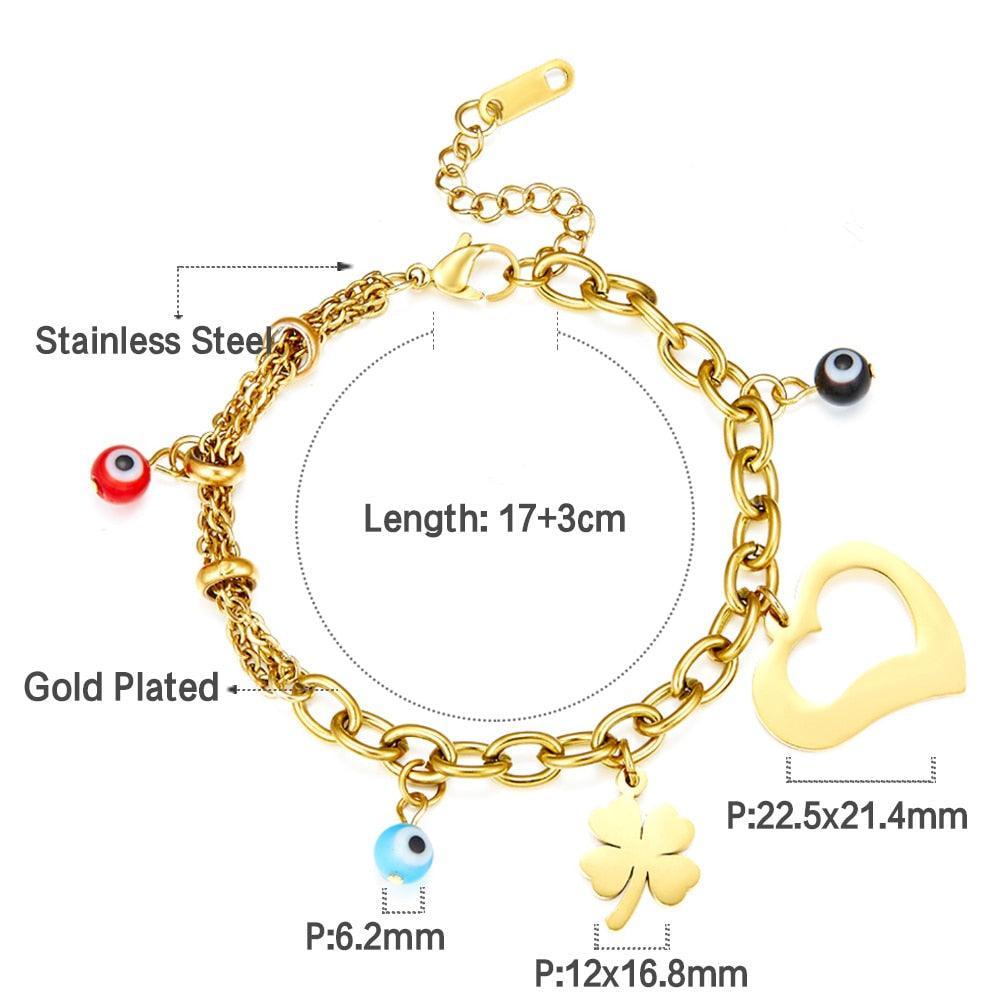 Blue Evil Eye CZ Charm Bracelets - Gold Colour Stainless Steel Drop Water Double Layer Cuban Link Jewellery - The Jewellery Supermarket