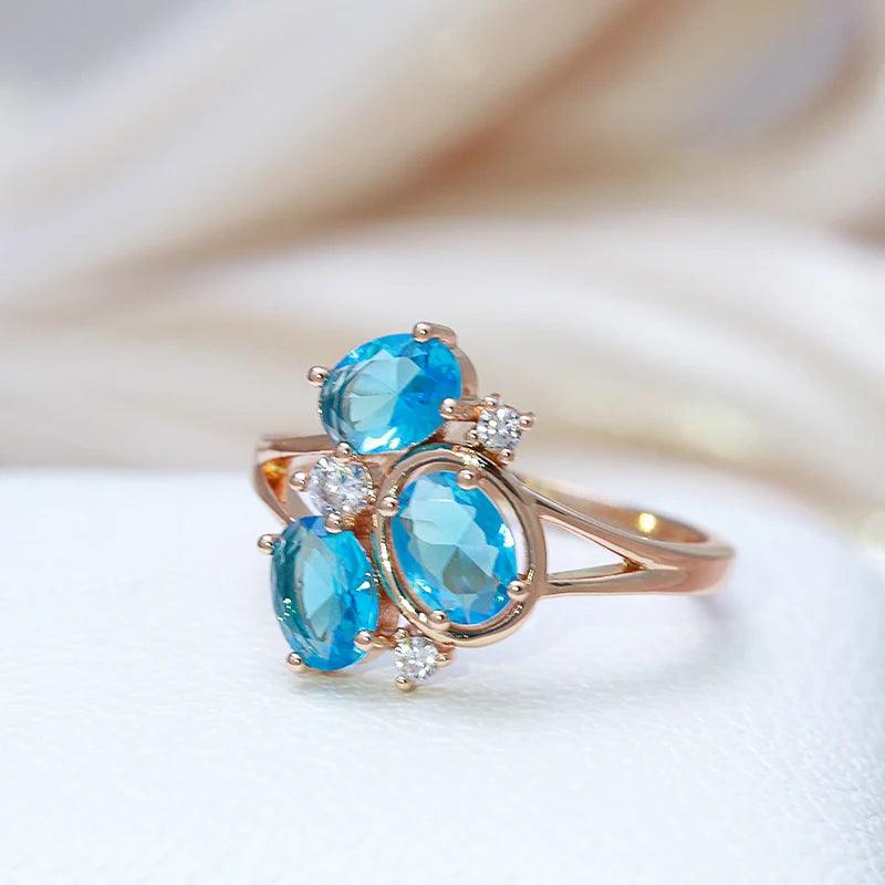 Fine Blue AAA Zircon Crystals Hollow Geometry Flower Filled 14K Rose Gold Ethnic Rings - Vintage Wedding Jewellery