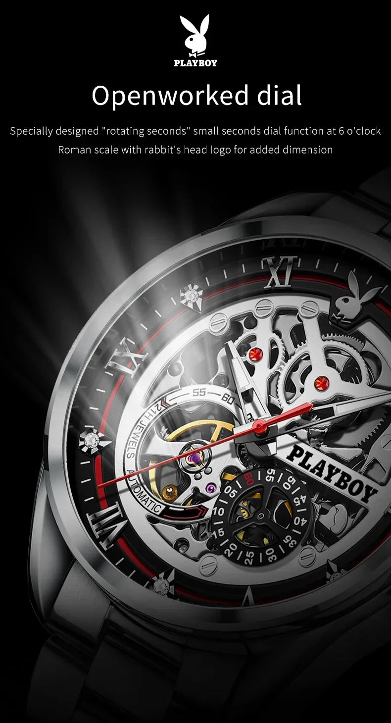 PLAYBOY Brand Skeleton Multifunction Automatic Mechanical Original Stainless Steel Fashion Luxury Watches for Men