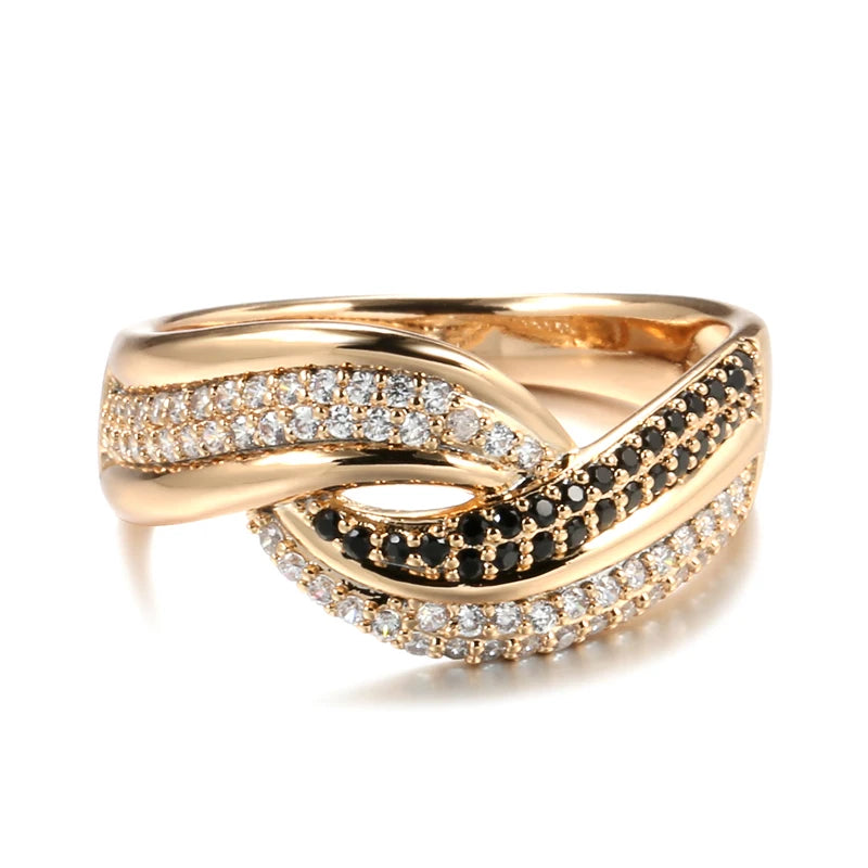 High Quality 14K Filled Rose Gold Double White Black AAA Zircon Diamonds Crossed Design Rings - Fine Jewellery