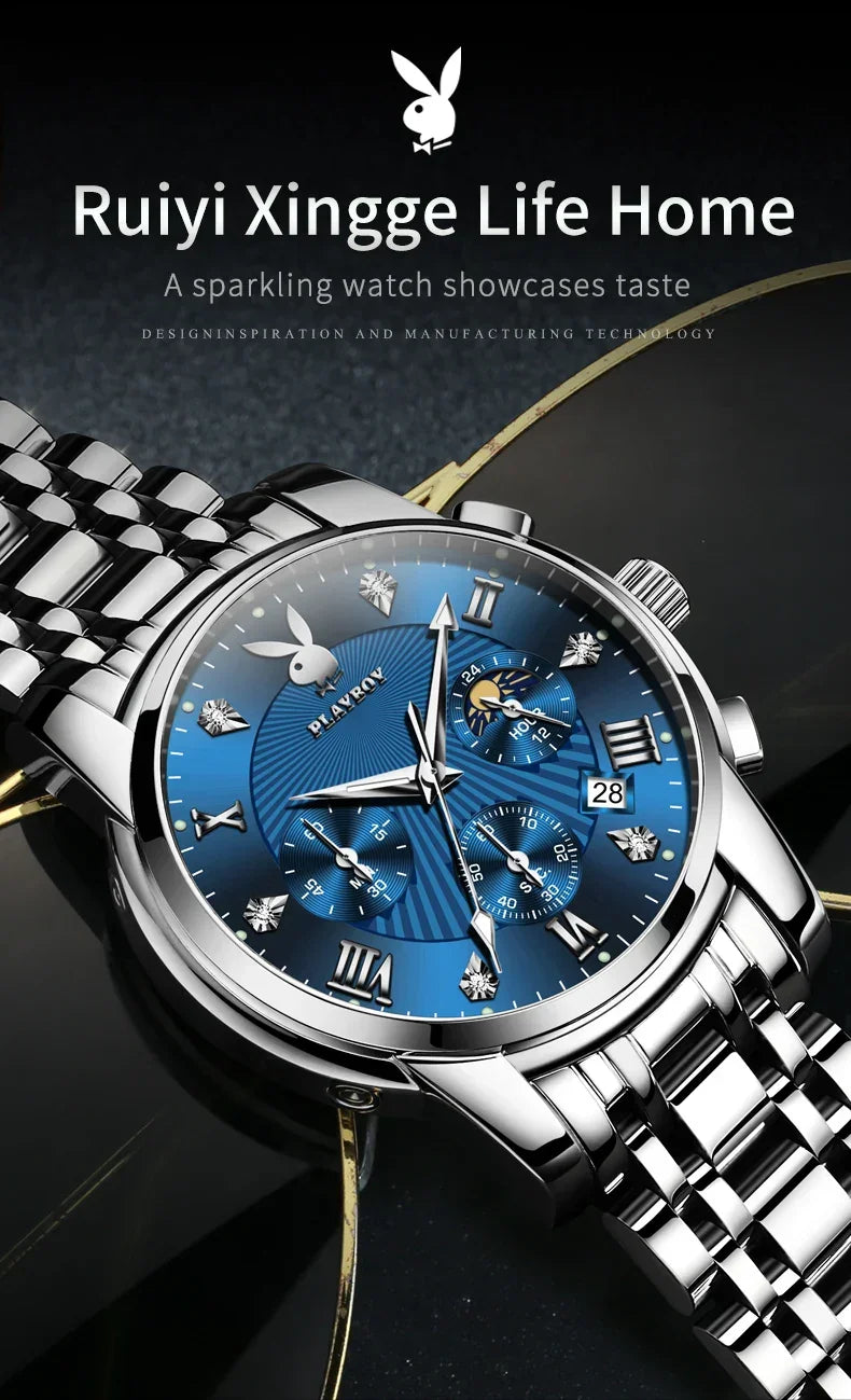 PLAYBOY Fashion Luxury Multifunction Original Waterproof Stainless Steel High Quality Quartz Watch for Men