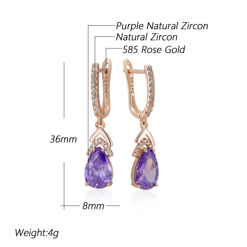 Elegant Sparkling 14K Rolled Rose Gold Geometric Purple AAA Zircon Diamonds Drop Earrings, Vintage Fashion Jewellery