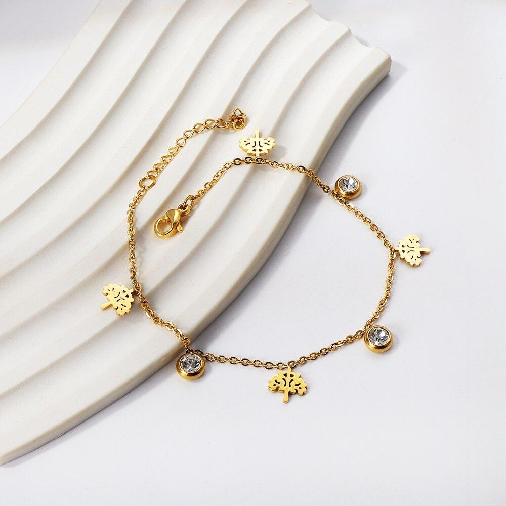 Dainty Gold Colour Stainless Steel Charm Bracelets - Crystal Evil Eyes Tree of Life Hamsa Hand Elephant Chain - The Jewellery Supermarket