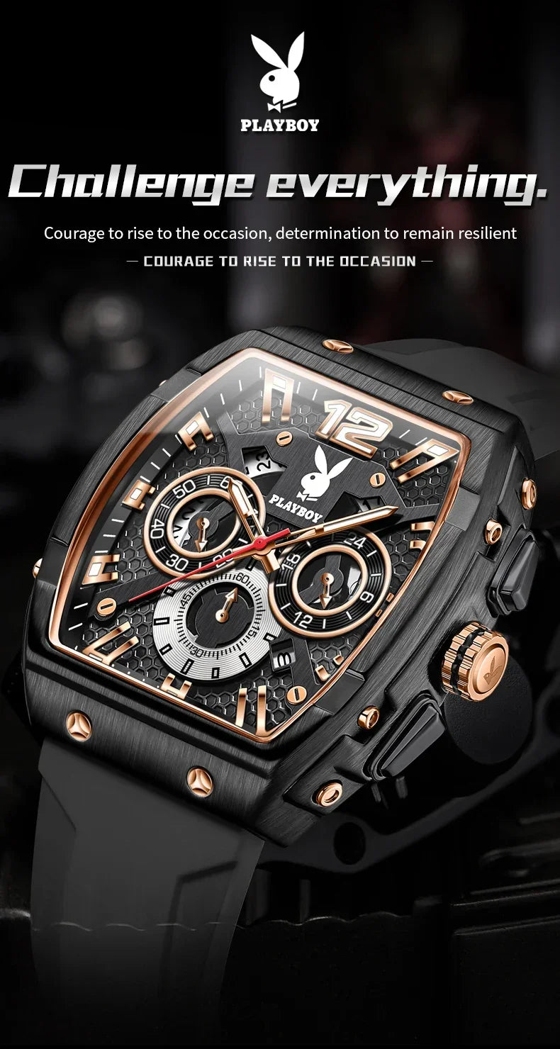 PLAYBOY Top Brand High Quality Multifunction Original Fashion Waterproof Silicone Strap Quartz Watch for Men