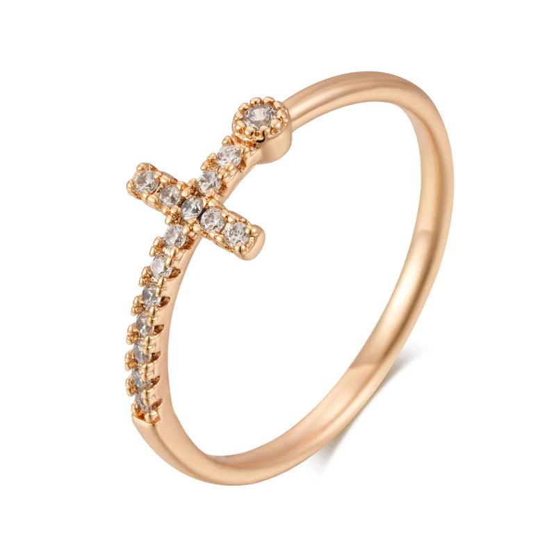 Popular Filled 14K Rose Gold Shiny AAA Zircon Diamonds Faith Cross Rings for Women - High Quality Fine Jewellery
