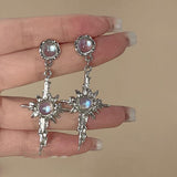 Irregular Liquid Metal Cross Moonstone Dangle Earrings - Trend Metal Cross Moonstone Drops Christian Earrings - The Jewellery Supermarket