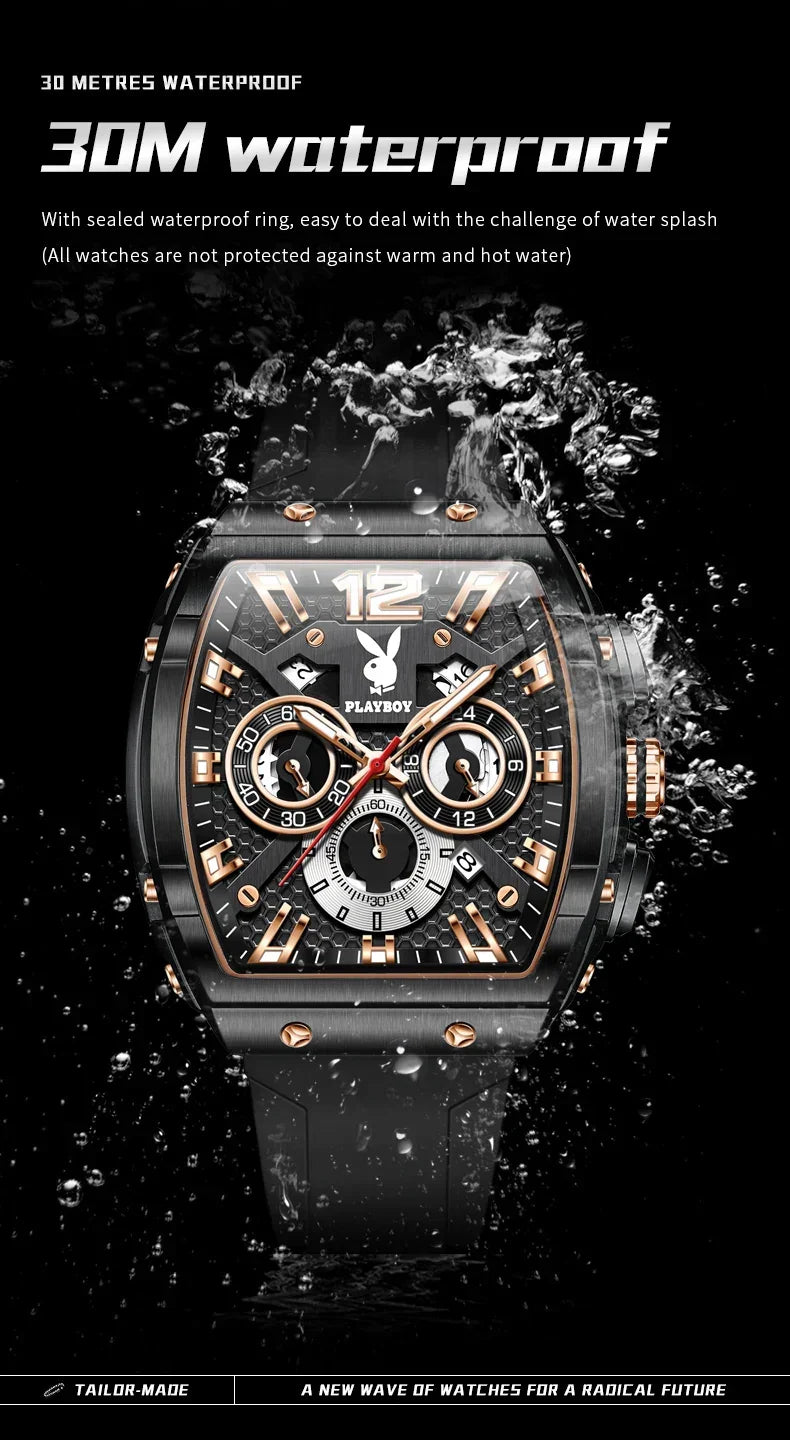 PLAYBOY Top Brand High Quality Multifunction Original Fashion Waterproof Silicone Strap Quartz Watch for Men