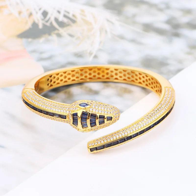 Designer Collection Rectangle Zircon Diamonds Gold Color Snake Serpent Snakelike Open Bangle Bracelet Ladies Watches