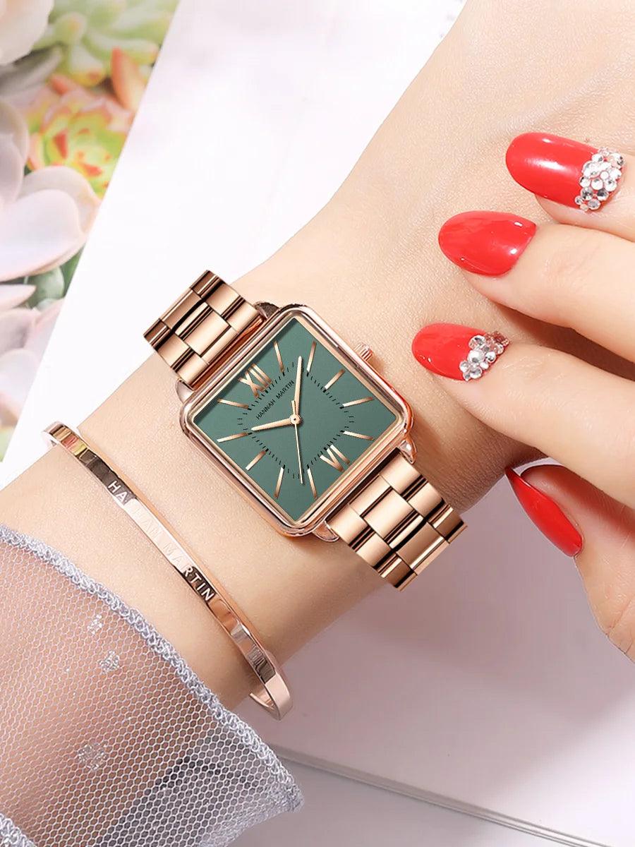 Elegant Green Dial Roman Square Ladies Rose Gold Plated Case Watches Quartz Stainless Steel Fashion Wristwatches