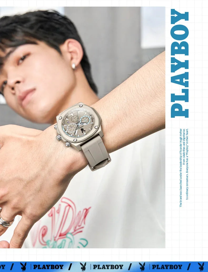 PLAYBOY Top Brand Original Luxury Waterproof Silicone Strap Calendar Luminous Fashion Quartz Men's Wrist Watches