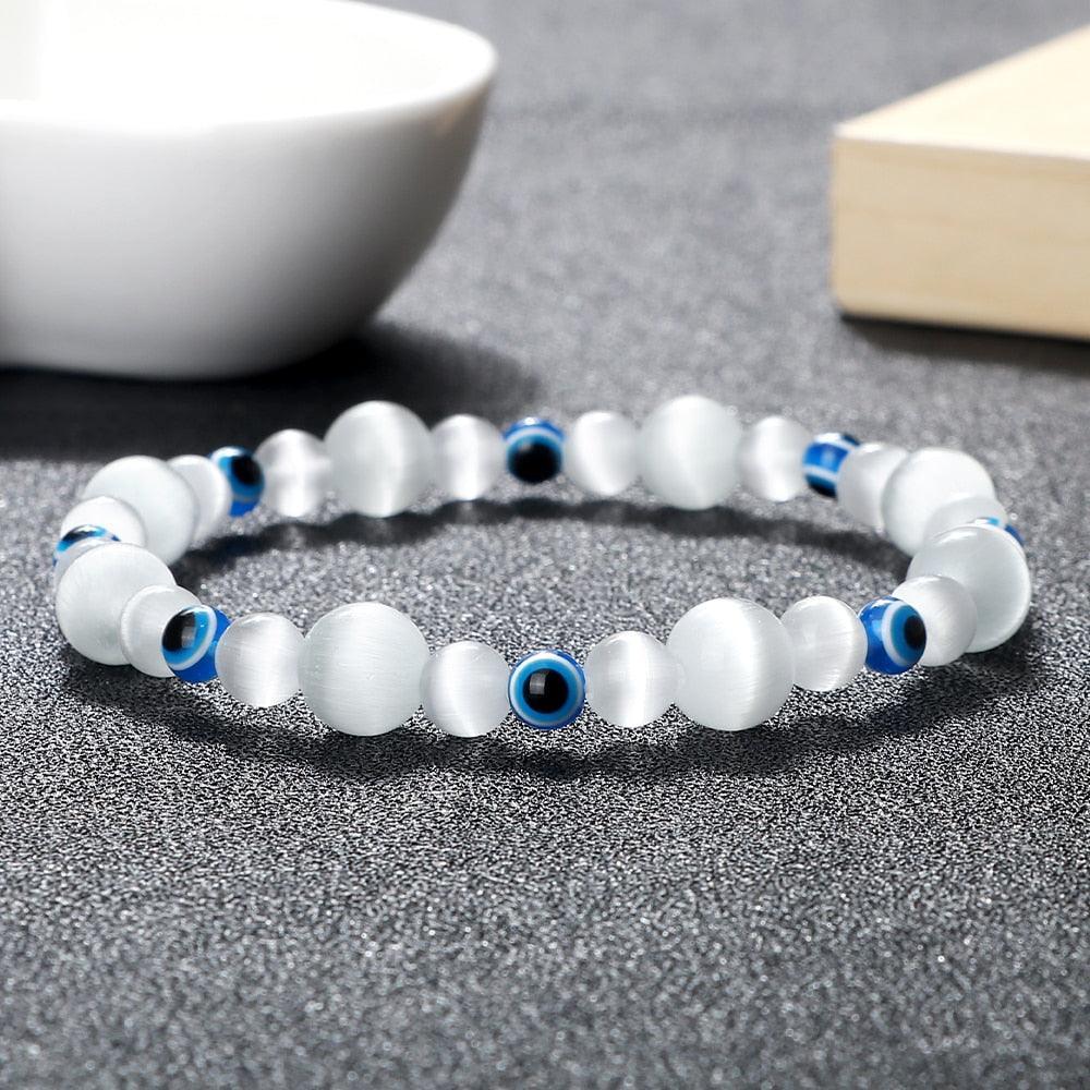 Blue Evil Eye Beaded Charm Bracelets - Natural Cat Eye Stone Opal Adjustable Lucky Yoga Jewellery - The Jewellery Supermarket