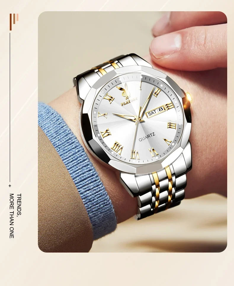 PLAYBOY Fashion Luxury High Quality Original Stainless Steel Waterproof Dual Calendar Luminous Quartz Men Watch