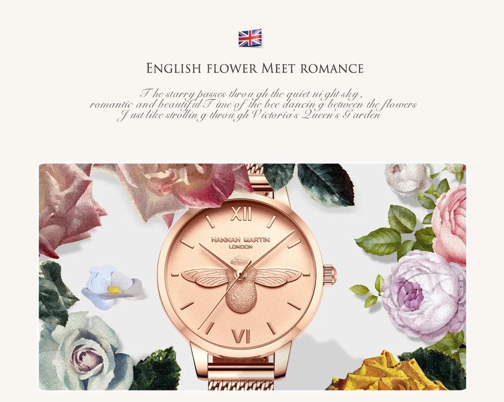 Elegant Luxury 3D Engraved Bee Dial Ladies Watch Rose Gold Plated 31mm Classic Casual Dress Watch with Bracelet Set