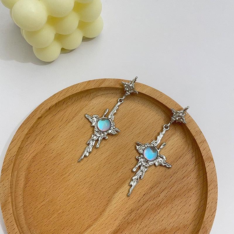 Irregular Liquid Metal Cross Moonstone Dangle Earrings - Trend Metal Cross Moonstone Drops Christian Earrings - The Jewellery Supermarket