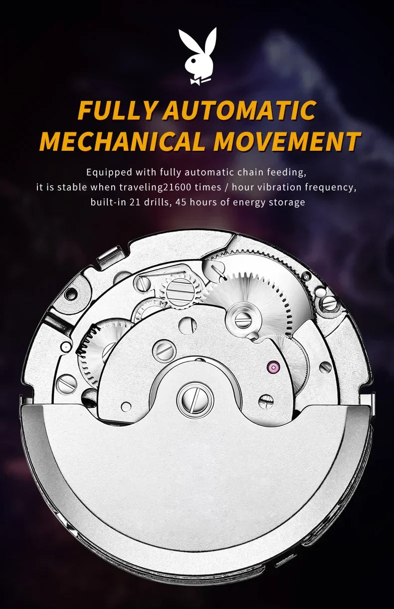 PLAYBOY Luxury Top Brand Fashion Automatic Mechanical Stainless Steel Waterproof Business Men's Watches for Men