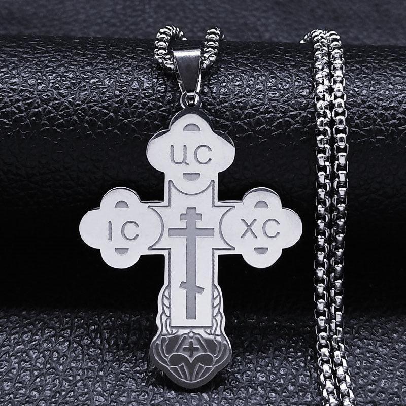 Christian Orthodox Cross Necklace Stainless Steel Jesus Religious Prayer Russian Chain Necklaces - The Jewellery Supermarket
