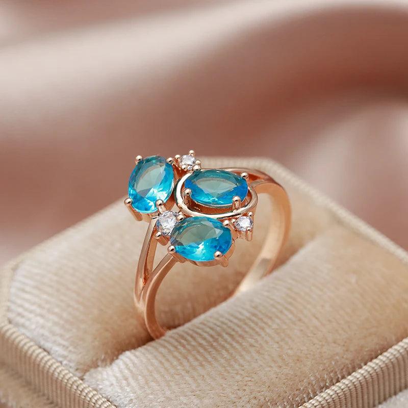 Fine Blue AAA Zircon Crystals Hollow Geometry Flower Filled 14K Rose Gold Ethnic Rings - Vintage Wedding Jewellery