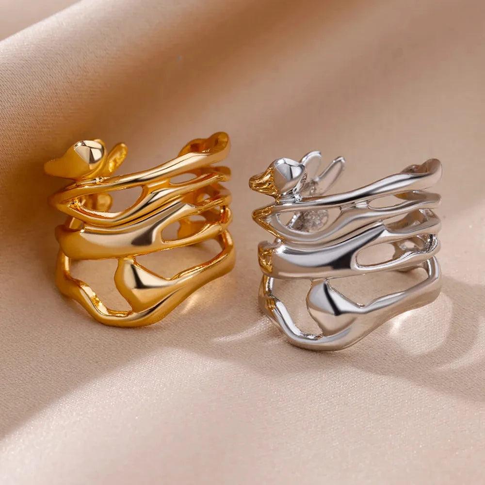 New Arrival Gold Colour Hollow Wide Stainless Steel Rings For Women - Trendy Party Jewellery Ideal Gift - The Jewellery Supermarket